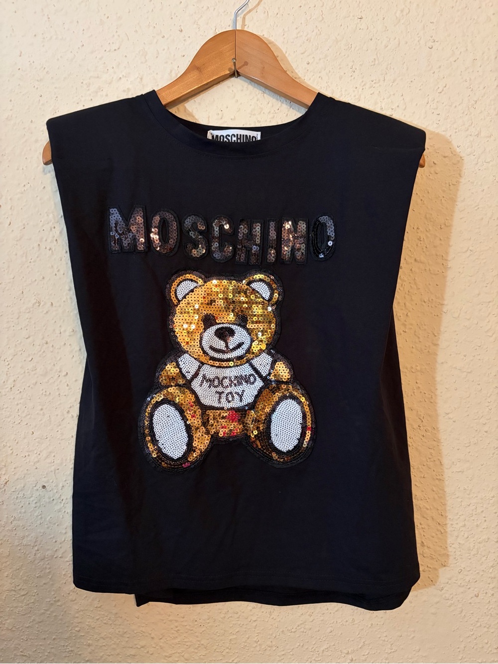 Moschino Black Tank Top with Gold Sequin Teddy Patch